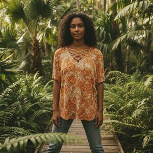 Cato XL Orange Pasley Short Sleeve Polyester Blouse Multi Cross Neckline